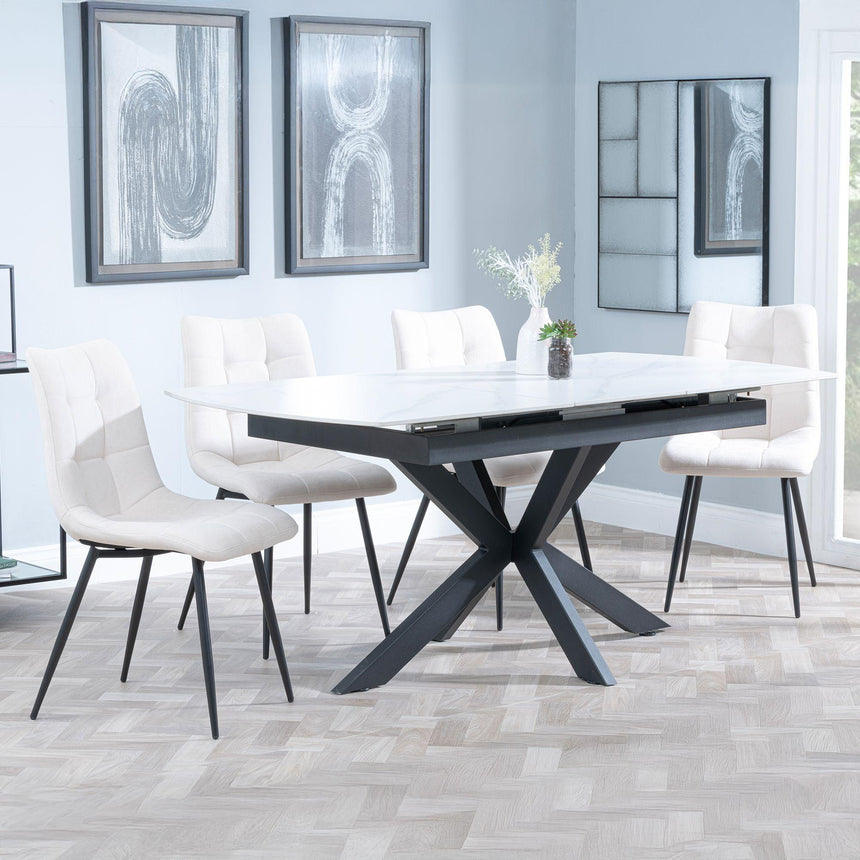 Bari White Ceramic Extending Dining Set - Corona Beige Fabric Dining Chair-3