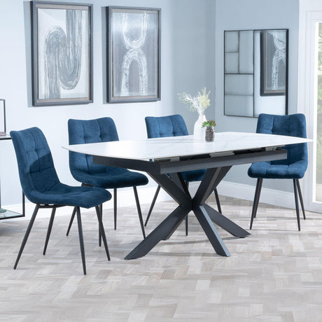 Bari White Ceramic Extending Dining Set - Corona Blue Fabric Dining Chair-5