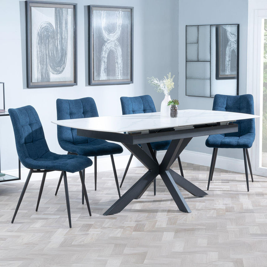 Bari White Ceramic Extending Dining Set - Corona Blue Fabric Dining Chair-5