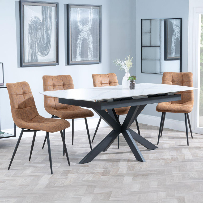 Bari White Ceramic Extending Dining Set - Corona Brown Fabric Dining Chair-8