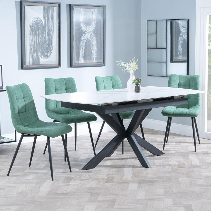 Bari White Ceramic Extending Dining Set - Corona Green Fabric Dining Chair-6