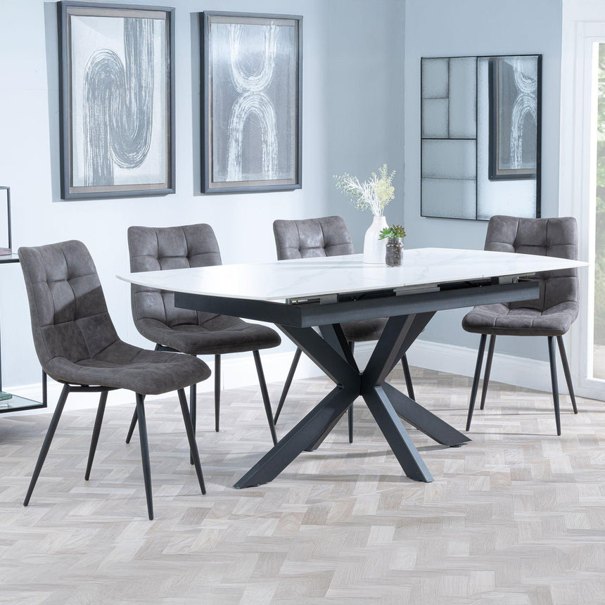 Bari White Ceramic Extending Dining Set - Corona Grey Fabric Dining Chair-9