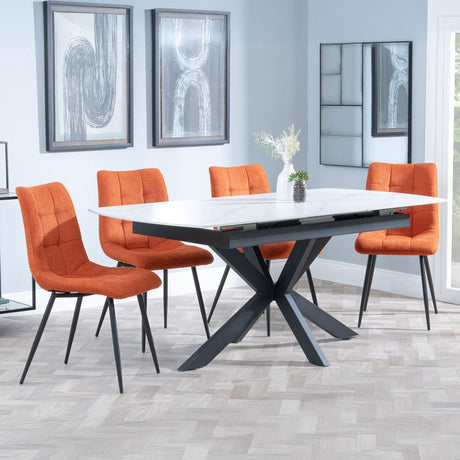 Bari White Ceramic Extending Dining Set - Corona Orange Fabric Dining Chair-2