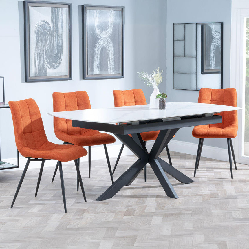 Bari White Ceramic Extending Dining Set - Corona Orange Fabric Dining Chair-2