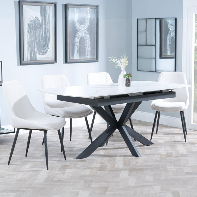 Bari White Ceramic Extending Dining Set - Darwin Cream Fabric Dining Chair