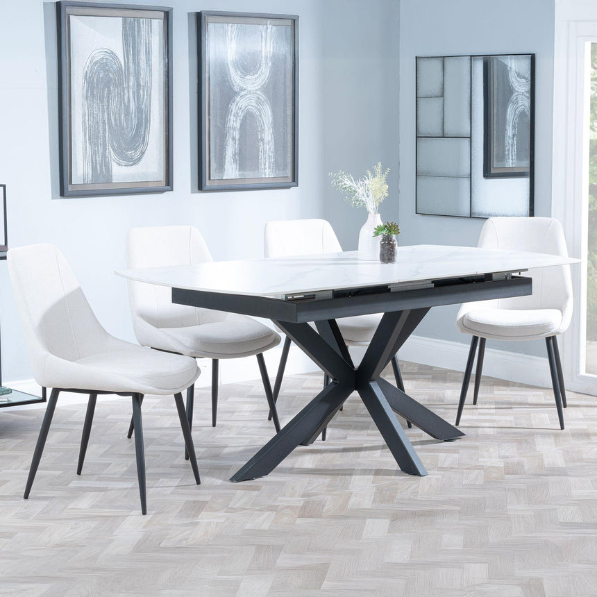 Bari White Ceramic Extending Dining Set - Darwin Cream Fabric Dining Chair