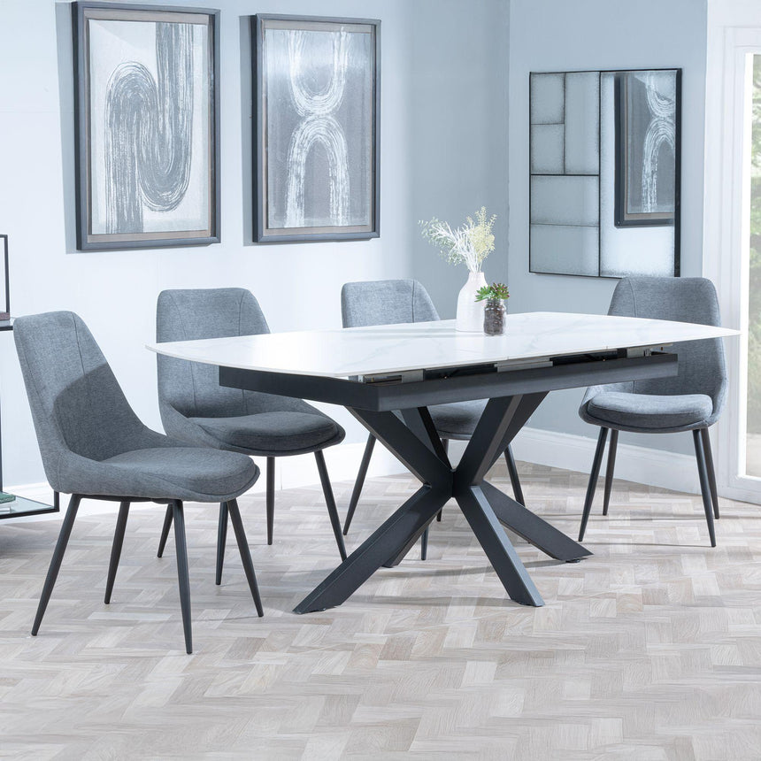 Bari White Ceramic Extending Dining Set - Darwin Grey Fabric Dining Chair-6