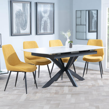 Bari White Ceramic Extending Dining Set - Darwin Yellow Fabric Dining Chair-2