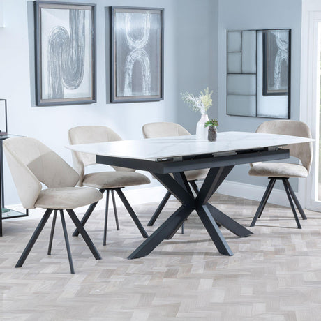 Bari White Ceramic Extending Dining Set - Ion Beige Velvet Fabric Swivel Dining Chair-2