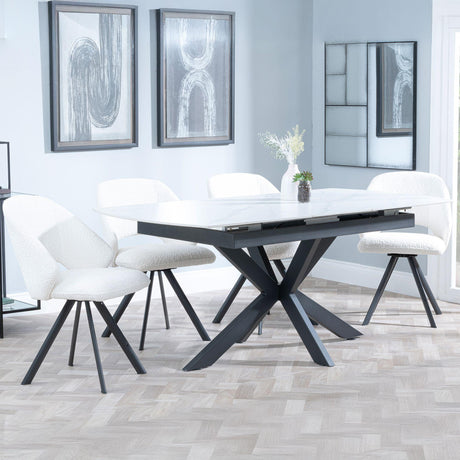Bari White Ceramic Extending Dining Set - Ion Cream Boucle Teddy Fabric Swivel Dining Chair-5