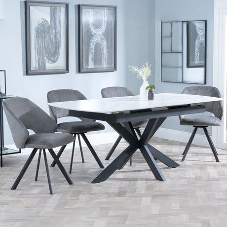 Bari White Ceramic Extending Dining Set - Ion Dark Grey Velvet Fabric Swivel Dining Chair-3