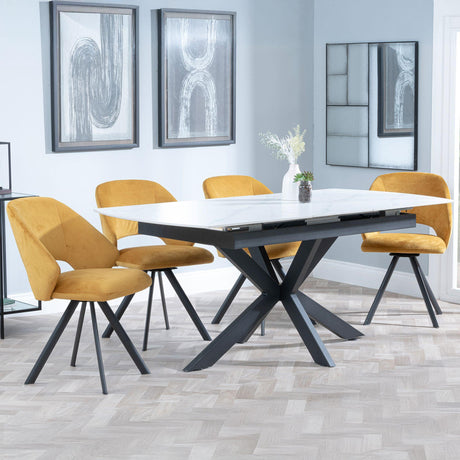 Bari White Ceramic Extending Dining Set - Ion Mustard Velvet Fabric Swivel Dining Chair-4