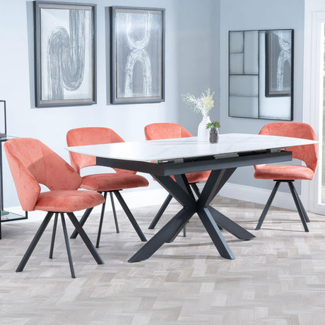 Bari White Ceramic Extending Dining Set - Ion Orange Velvet Fabric Swivel Dining Chair