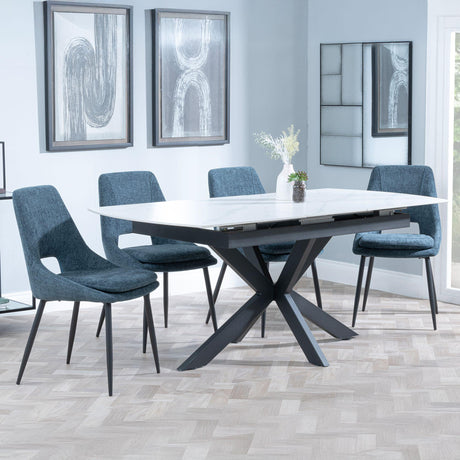 Bari White Ceramic Extending Dining Set - Peyton Blue Fabric Dining Chair-2