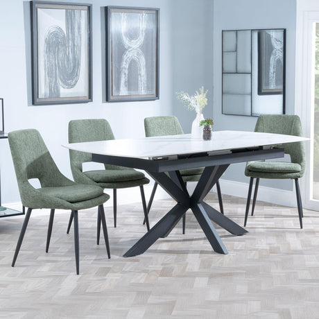 Bari White Ceramic Extending Dining Set - Peyton Green Fabric Dining Chair-3