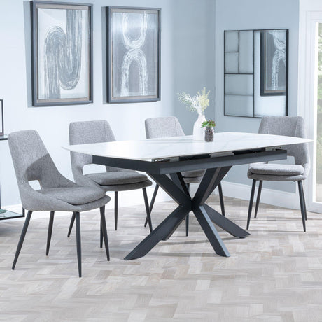 Bari White Ceramic Extending Dining Set - Peyton Grey Fabric Dining Chair