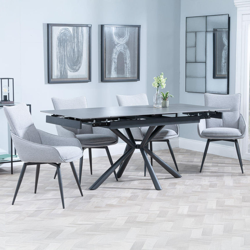 Ripon Black Ceramic Extending Dining Set - Ace Grey Fabric Swivel Dining Chair-2
