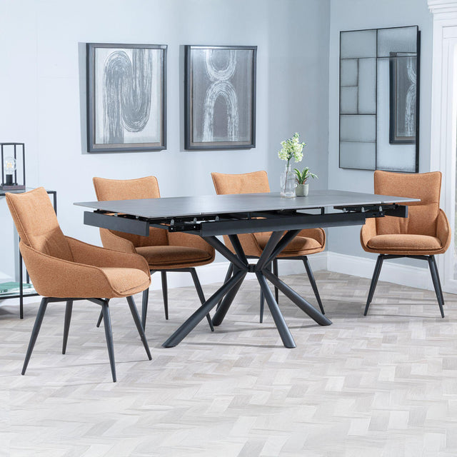 Ripon Black Ceramic Extending Dining Set - Ace Orange Fabric Swivel Dining Chair