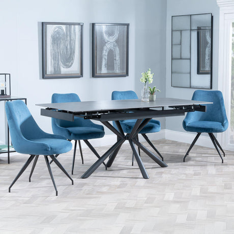 Ripon Black Ceramic Extending Dining Set - Arctic Blue Velvet Fabric Swivel Dining Chair-3