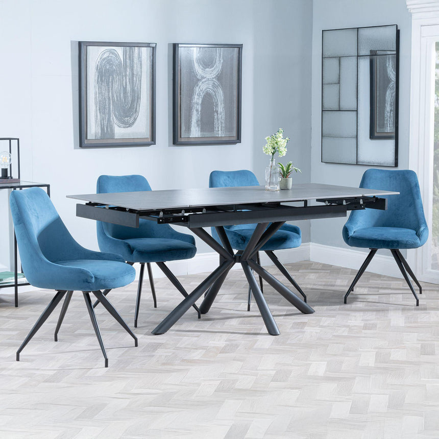 Ripon Black Ceramic Extending Dining Set - Arctic Blue Velvet Fabric Swivel Dining Chair-3
