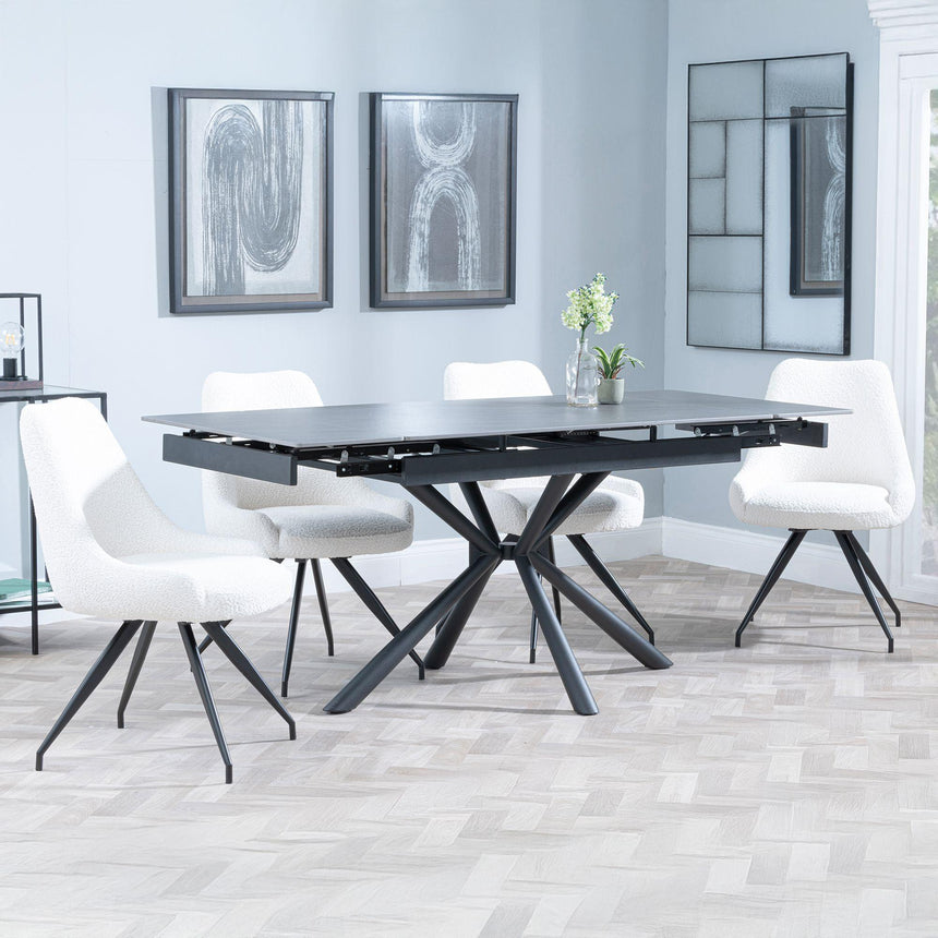 Ripon Black Ceramic Extending Dining Set - Arctic Cream Velvet Fabric Swivel Dining Chair-4