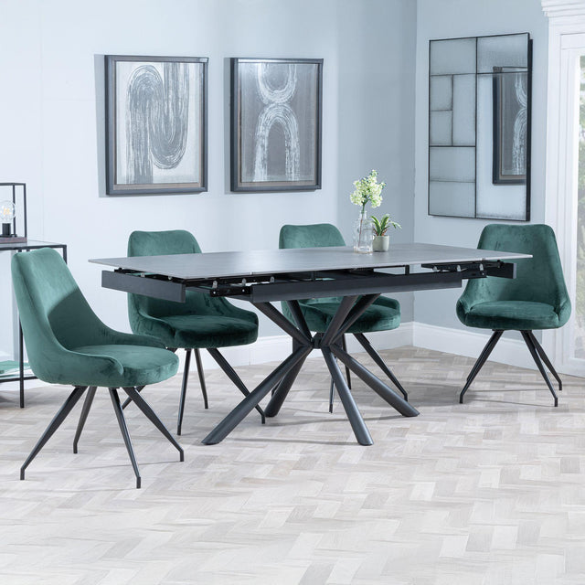 Ripon Black Ceramic Extending Dining Set - Arctic Green Velvet Fabric Swivel Dining Chair