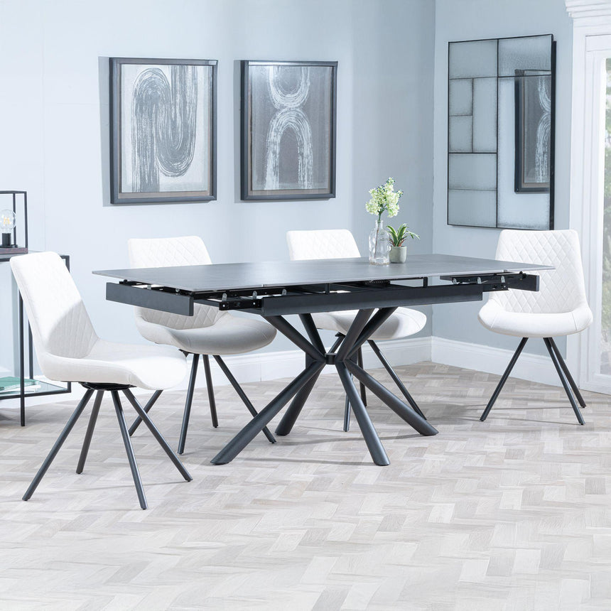 Ripon Black Ceramic Extending Dining Set - Boden Cream Fabric Swivel Dining Chair-2