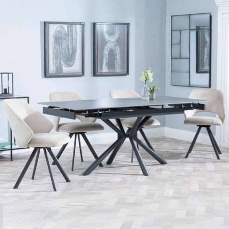Ripon Black Ceramic Extending Dining Set - Ion Beige Velvet Fabric Swivel Dining Chair-2