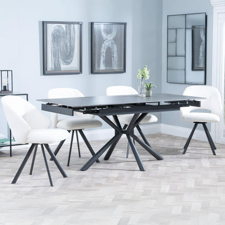 Ripon Black Ceramic Extending Dining Set - Ion Cream Boucle Teddy Fabric Swivel Dining Chair-5