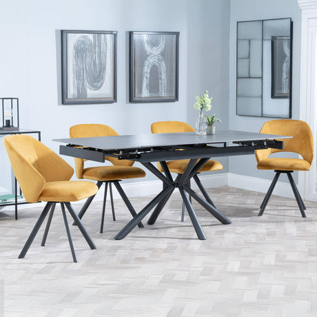 Ripon Black Ceramic Extending Dining Set - Ion Mustard Velvet Fabric Swivel Dining Chair-4