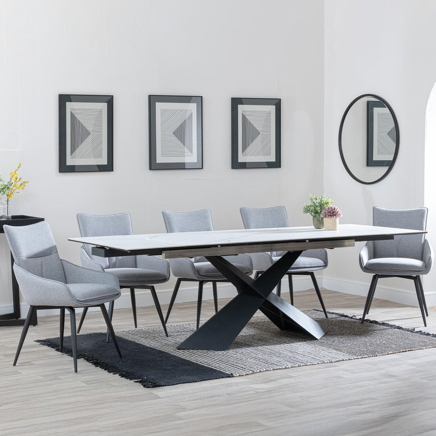 Hayden White Ceramic Extending Dining Set - Ace Grey Fabric Swivel Dining Chair - Get 2 Chairs Free-2