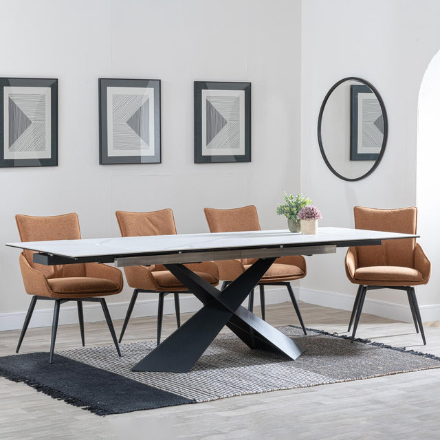 Hayden White Ceramic Extending Dining Set - Ace Orange Fabric Swivel Dining Chair - Get 2 Chairs Free