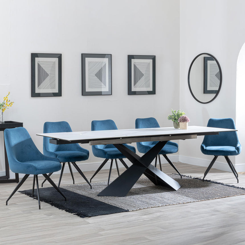 Hayden White Ceramic Extending Dining Set - Arctic Blue Velvet Fabric Swivel Dining Chair - Get 2 Chairs Free-3