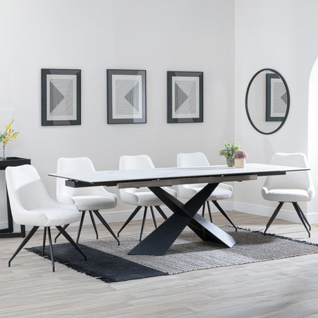 Hayden White Ceramic Extending Dining Set - Arctic Cream Velvet Fabric Swivel Dining Chair - Get 2 Chairs Free-4