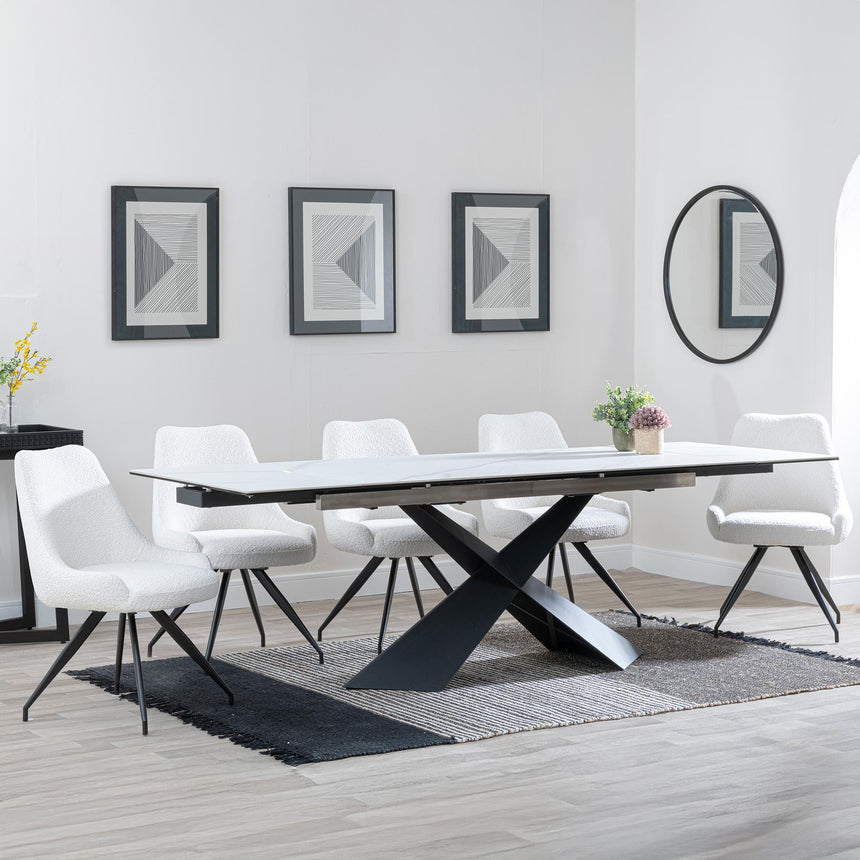 Hayden White Ceramic Extending Dining Set - Arctic Cream Velvet Fabric Swivel Dining Chair - Get 2 Chairs Free-4