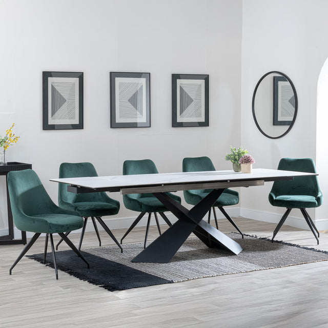 Hayden White Ceramic Extending Dining Set - Arctic Green Velvet Fabric Swivel Dining Chair - Get 2 Chairs Free