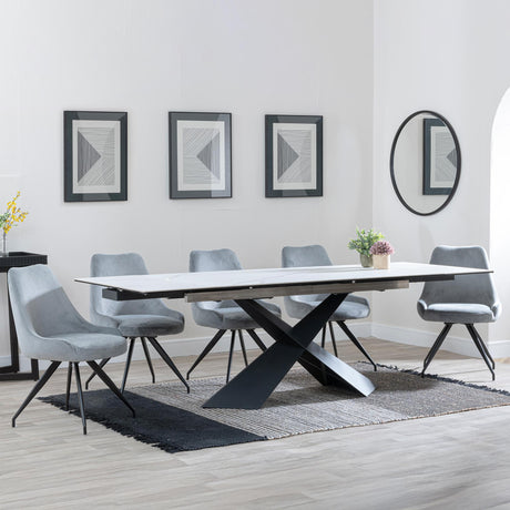 Hayden White Ceramic Extending Dining Set - Arctic Grey Velvet Fabric Swivel Dining Chair - Get 2 Chairs Free-2