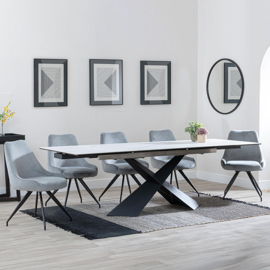 Hayden White Ceramic Extending Dining Set - Arctic Grey Velvet Fabric Swivel Dining Chair - Get 2 Chairs Free-2