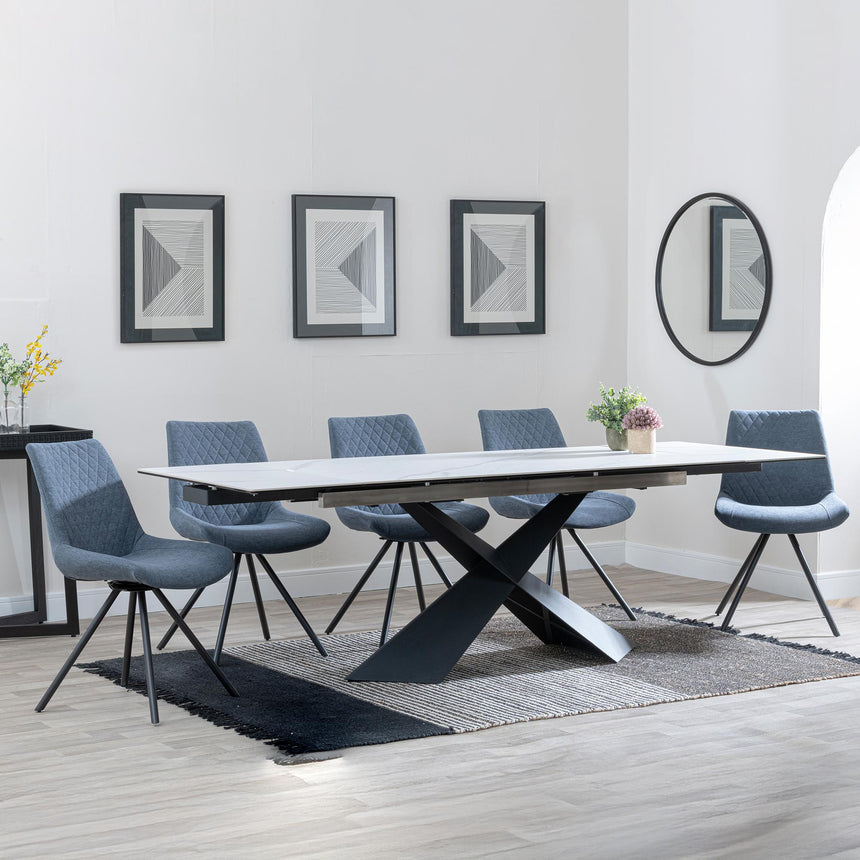 Hayden White Ceramic Extending Dining Set - Boden Dark Grey Fabric Swivel Dining Chair - Get 2 Chairs Free