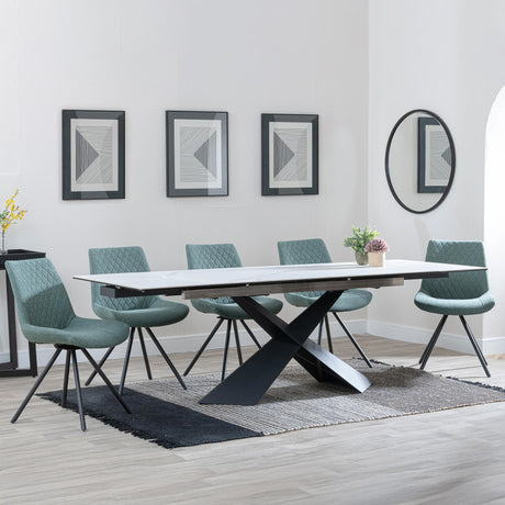 Hayden White Ceramic Extending Dining Set - Boden Green Fabric Swivel Dining Chair - Get 2 Chairs Free-5