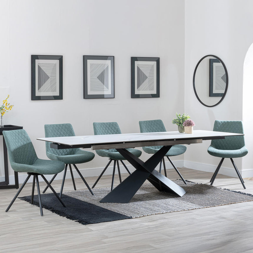 Hayden White Ceramic Extending Dining Set - Boden Green Fabric Swivel Dining Chair - Get 2 Chairs Free-5