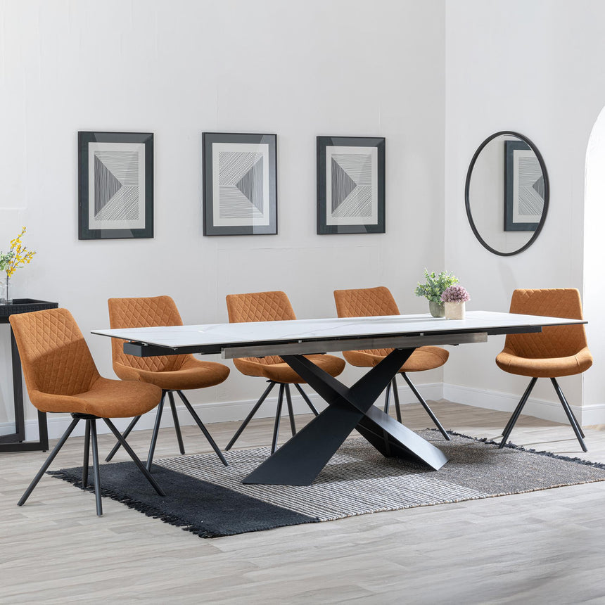Hayden White Ceramic Extending Dining Set - Boden Orange Fabric Swivel Dining Chair - Get 2 Chairs Free-4