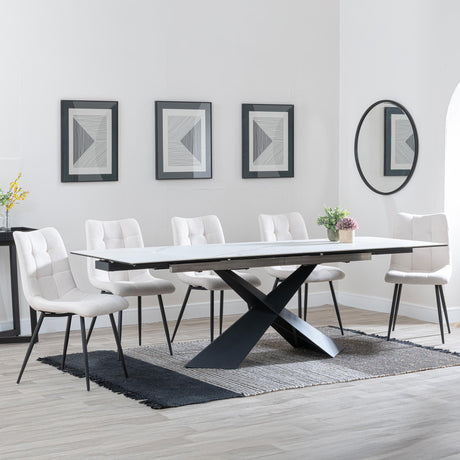 Hayden White Ceramic Extending Dining Set - Corona Beige Fabric Dining Chair-3