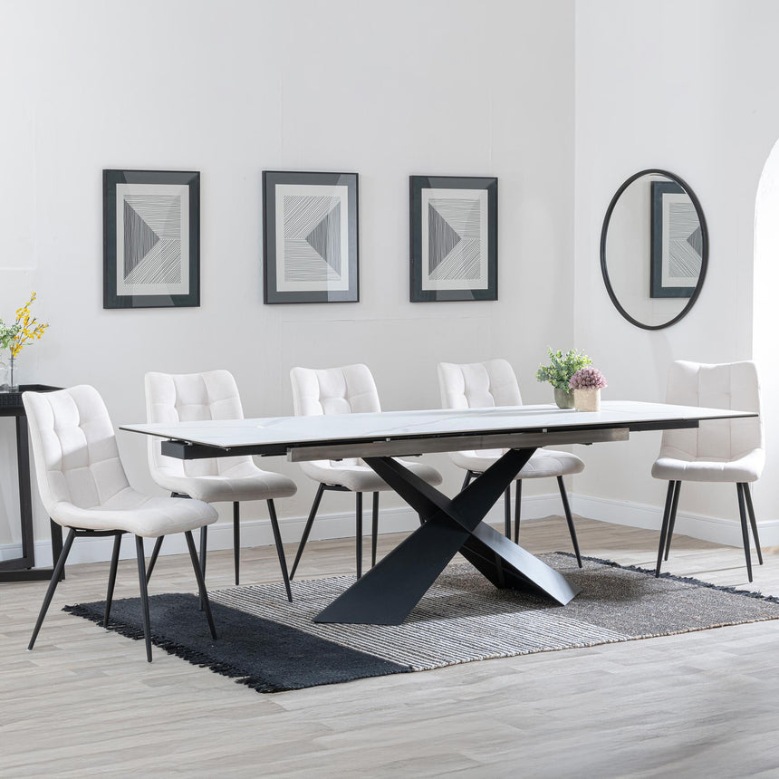 Hayden White Ceramic Extending Dining Set - Corona Beige Fabric Dining Chair-3