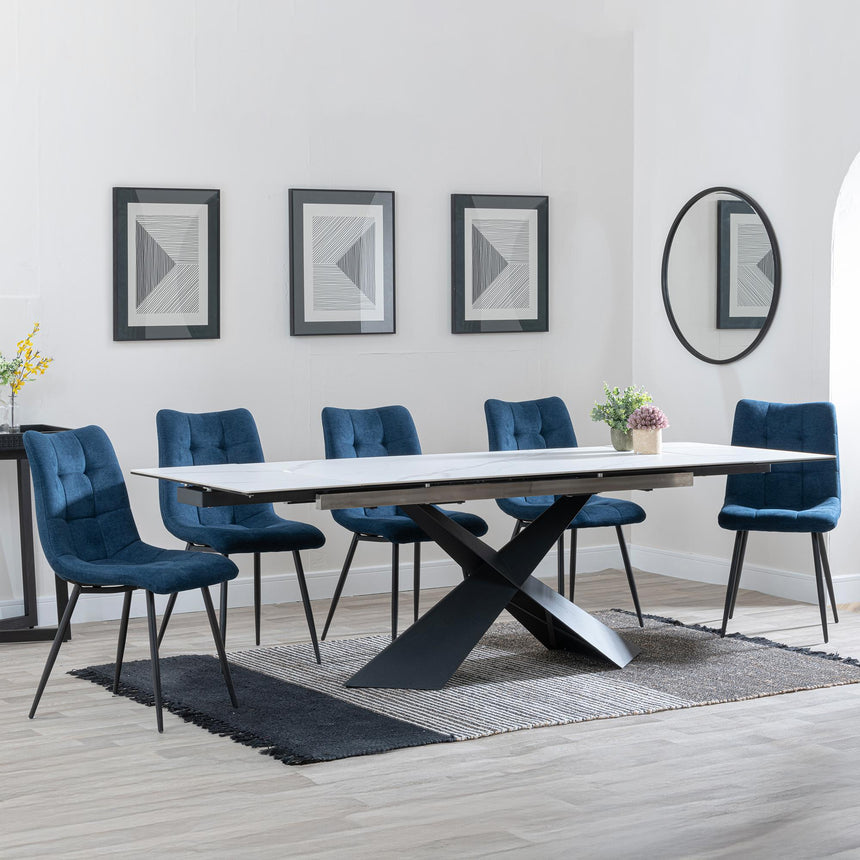 Hayden White Ceramic Extending Dining Set - Corona Blue Fabric Dining Chair-5