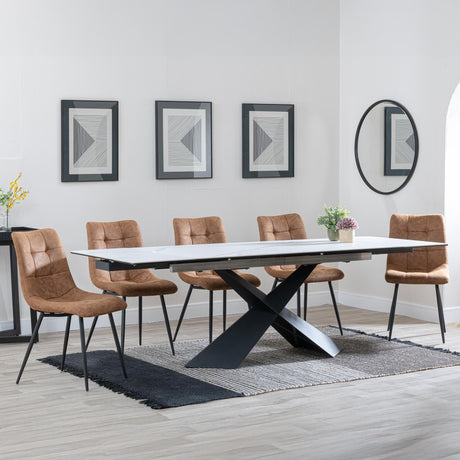 Hayden White Ceramic Extending Dining Set - Corona Brown Fabric Dining Chair-8
