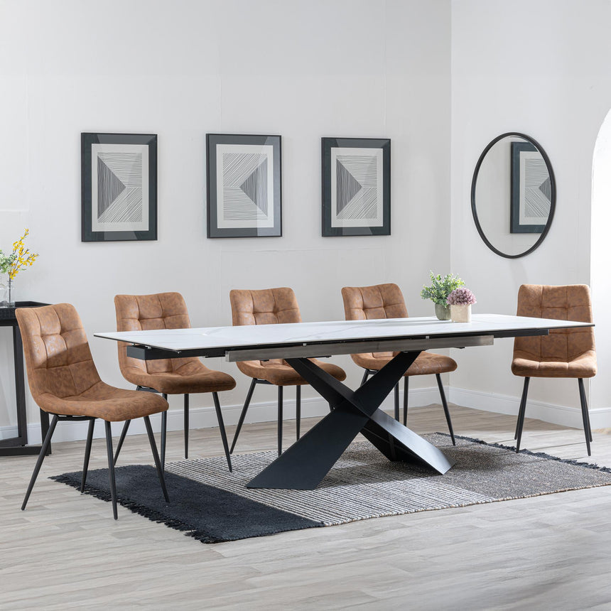 Hayden White Ceramic Extending Dining Set - Corona Brown Fabric Dining Chair-8