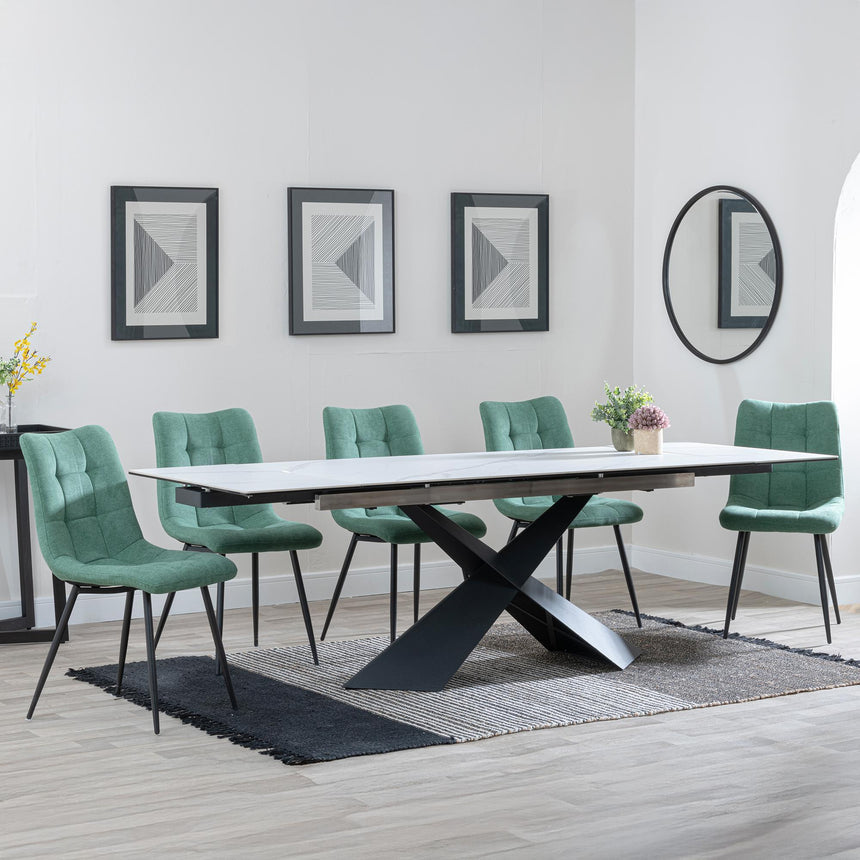 Hayden White Ceramic Extending Dining Set - Corona Green Fabric Dining Chair-6