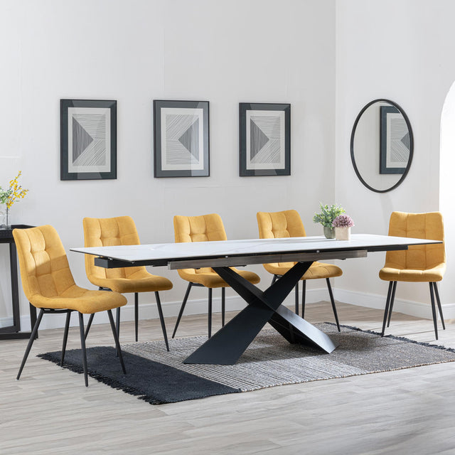 Hayden White Ceramic Extending Dining Set - Corona Yellow Fabric Dining Chair