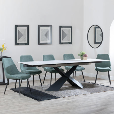Hayden White Ceramic Extending Dining Set - Darwin Green Fabric Dining Chair-4